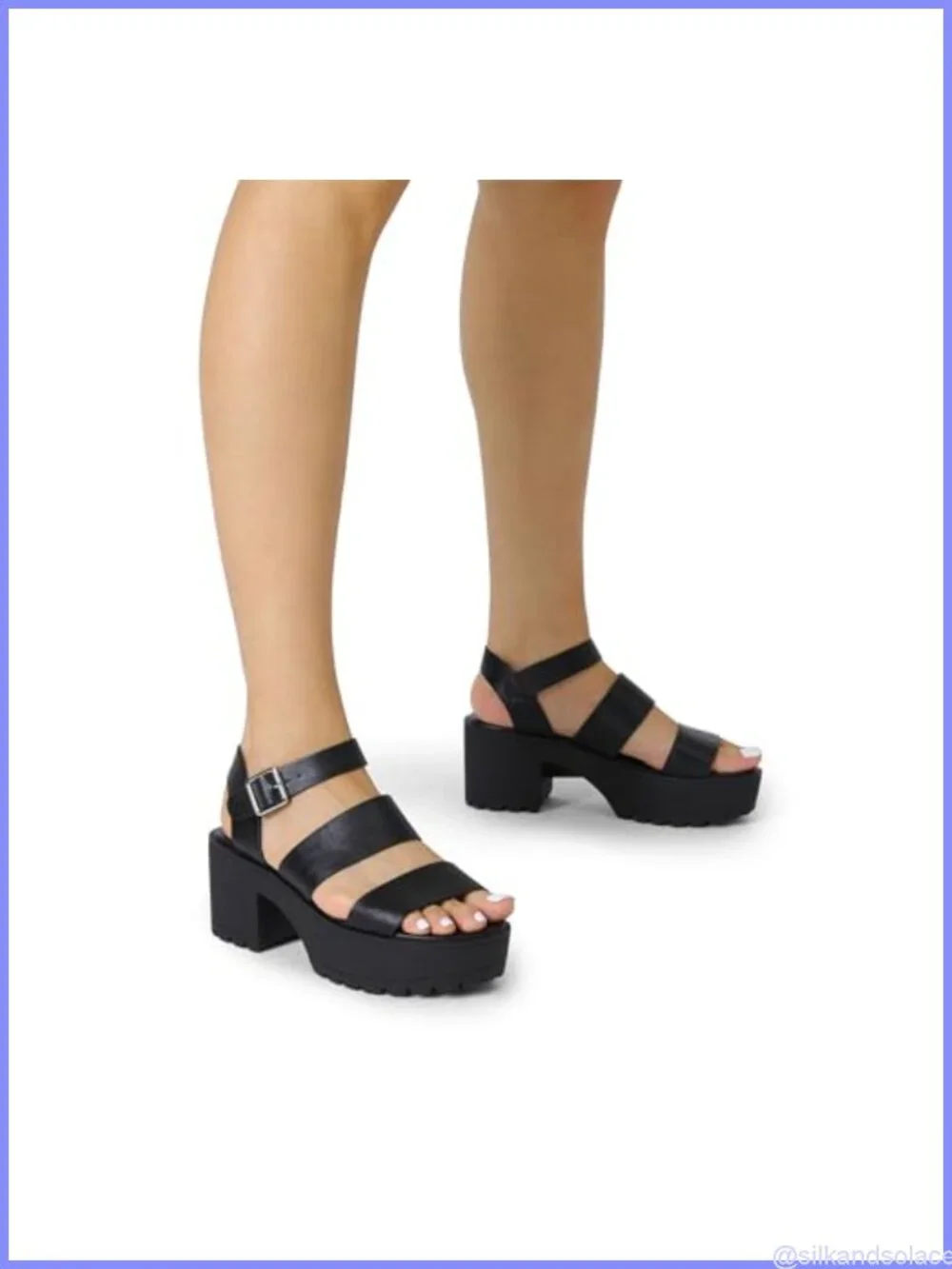 Women's Platform Chunky Low Heel Sandals, Faux Leather, Adjustable Buckle